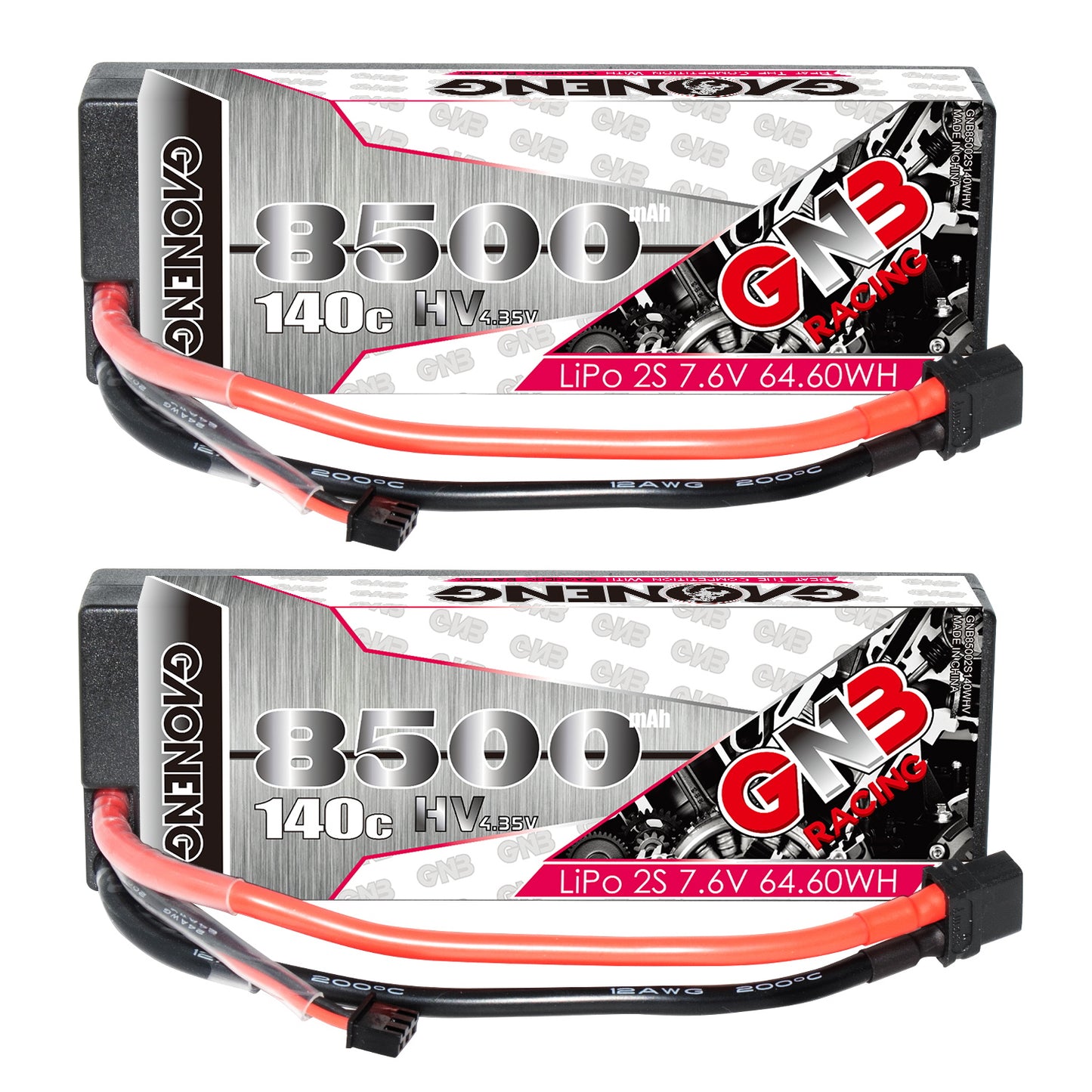 Two GNB 8500mAh 140C LiHV 2S 7.6V hard case batteries shown with XT60 and balance plug leads