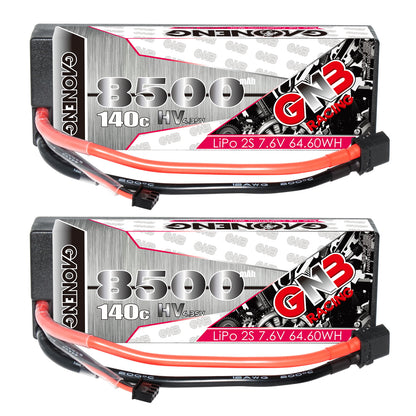 Two GNB 8500mAh 140C LiHV 2S 7.6V hard case batteries shown with XT60 and balance plug leads