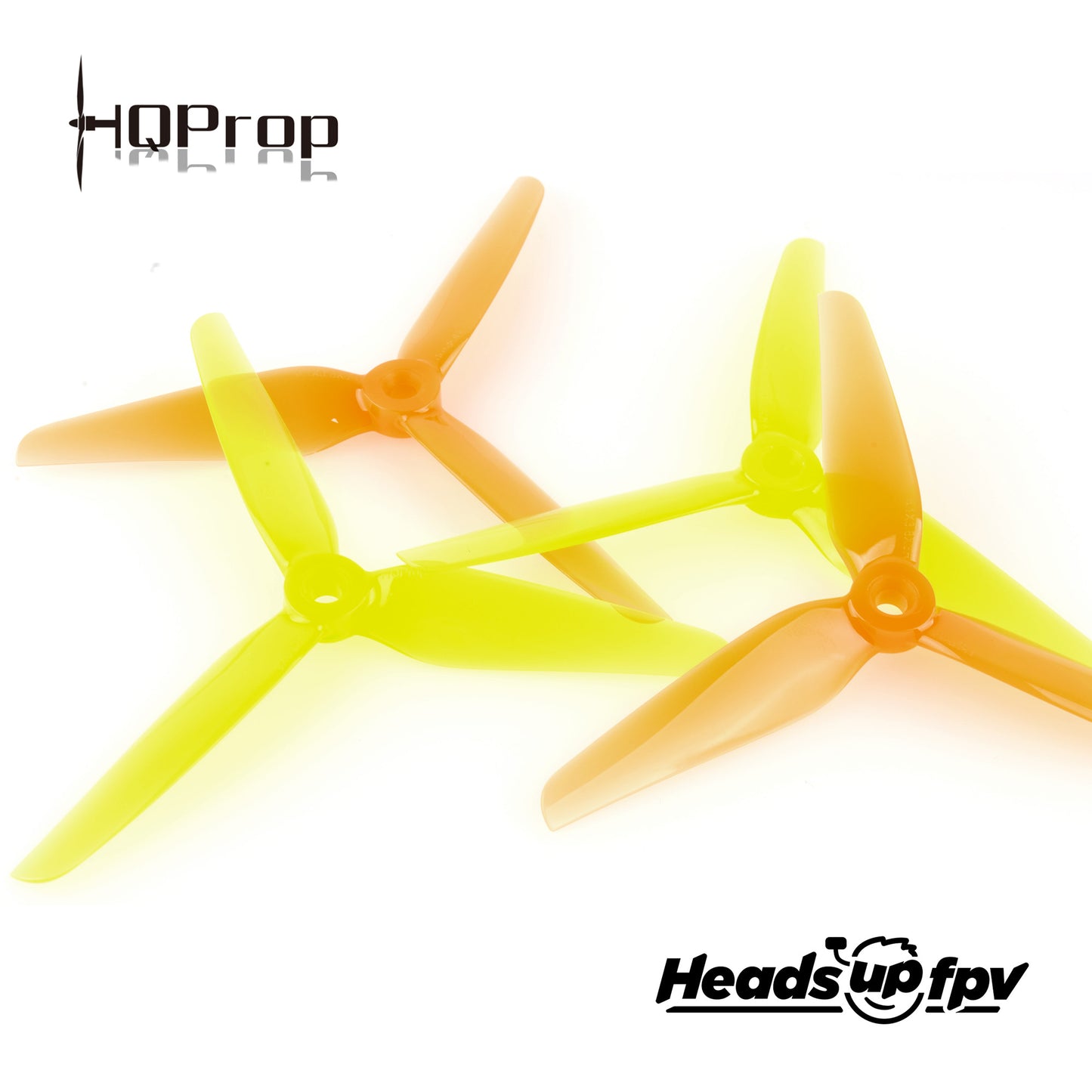 HQProp R38 3-blade FPV propellers in neon yellow and orange color options on white background