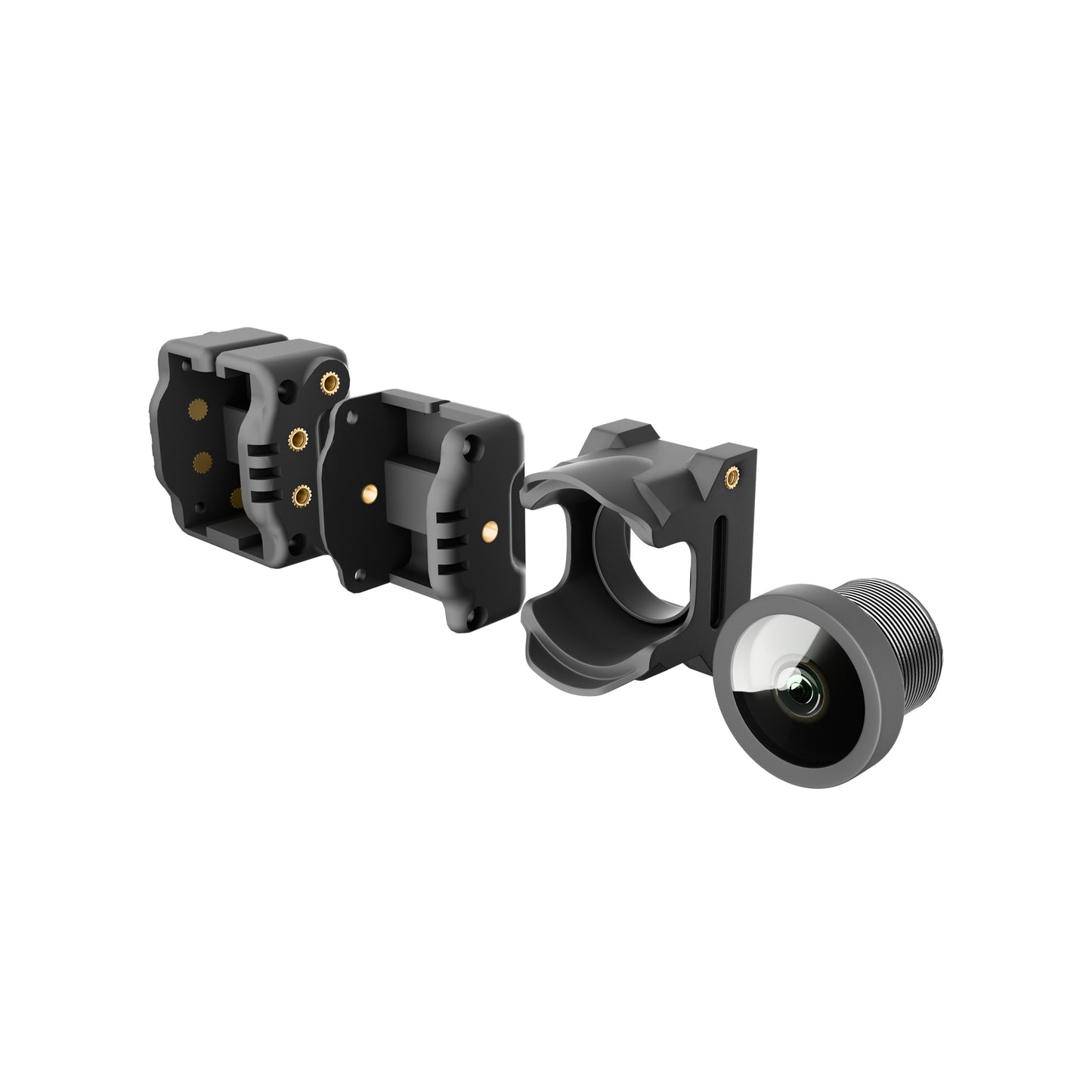 Flywoo O4 Wide Lens, Exploded view of Flywoo O4 wide-angle camera lens with threaded lens barrel and multi-piece mounting housing