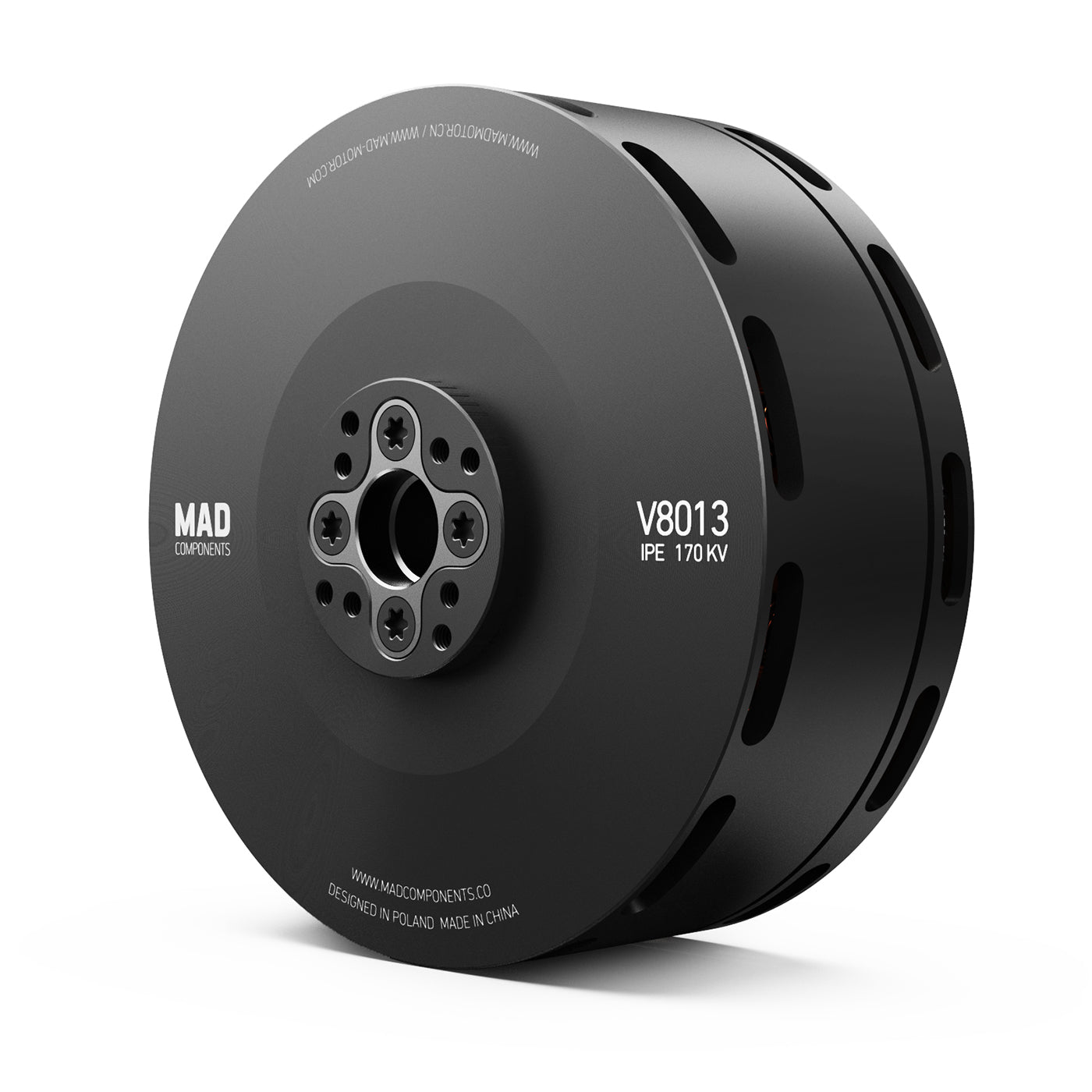 MAD V8013 IPE eVTOL Drone Motor, MAD Components V8013 IPE 170KV eVTOL drone motor with black housing, ventilation slots, and center mount