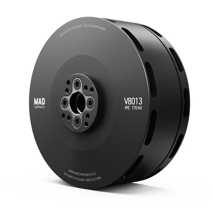 MAD V8013 IPE eVTOL Drone Motor, MAD Components V8013 IPE 170KV eVTOL drone motor with black housing, ventilation slots, and center mount