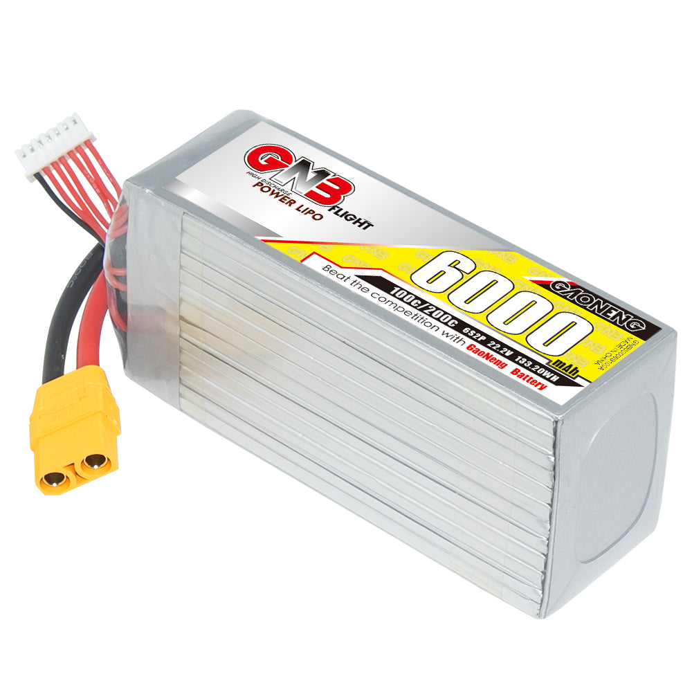 GAONENG GNB6000 6S 6000mAh LiPo battery with XT90 connector and balance lead, angled view