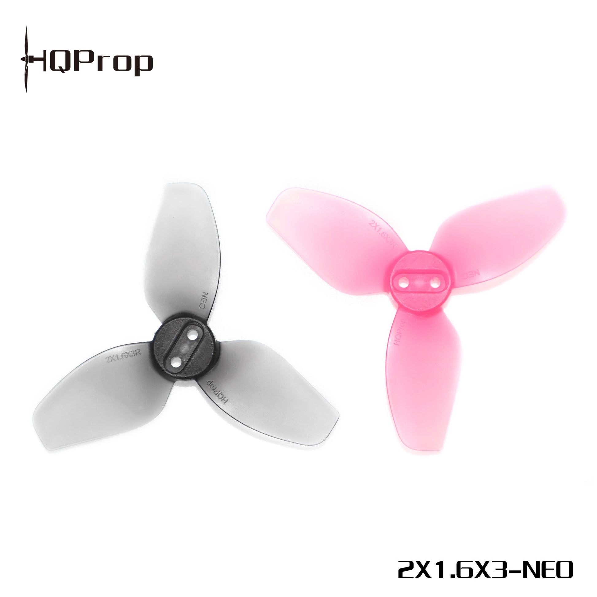 HQProp branded graphic showing gray and pink three-blade propellers, marked 2X1.6X3-NEO