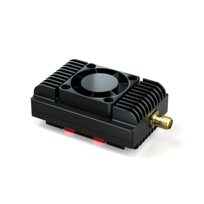 BrotherHobby Avenger FPV video transmitter with top cooling fan, heatsink fins, and SMA antenna connector