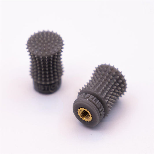 FeliStick spiked gimbal stick ends, pair shown on white background with brass threaded insert