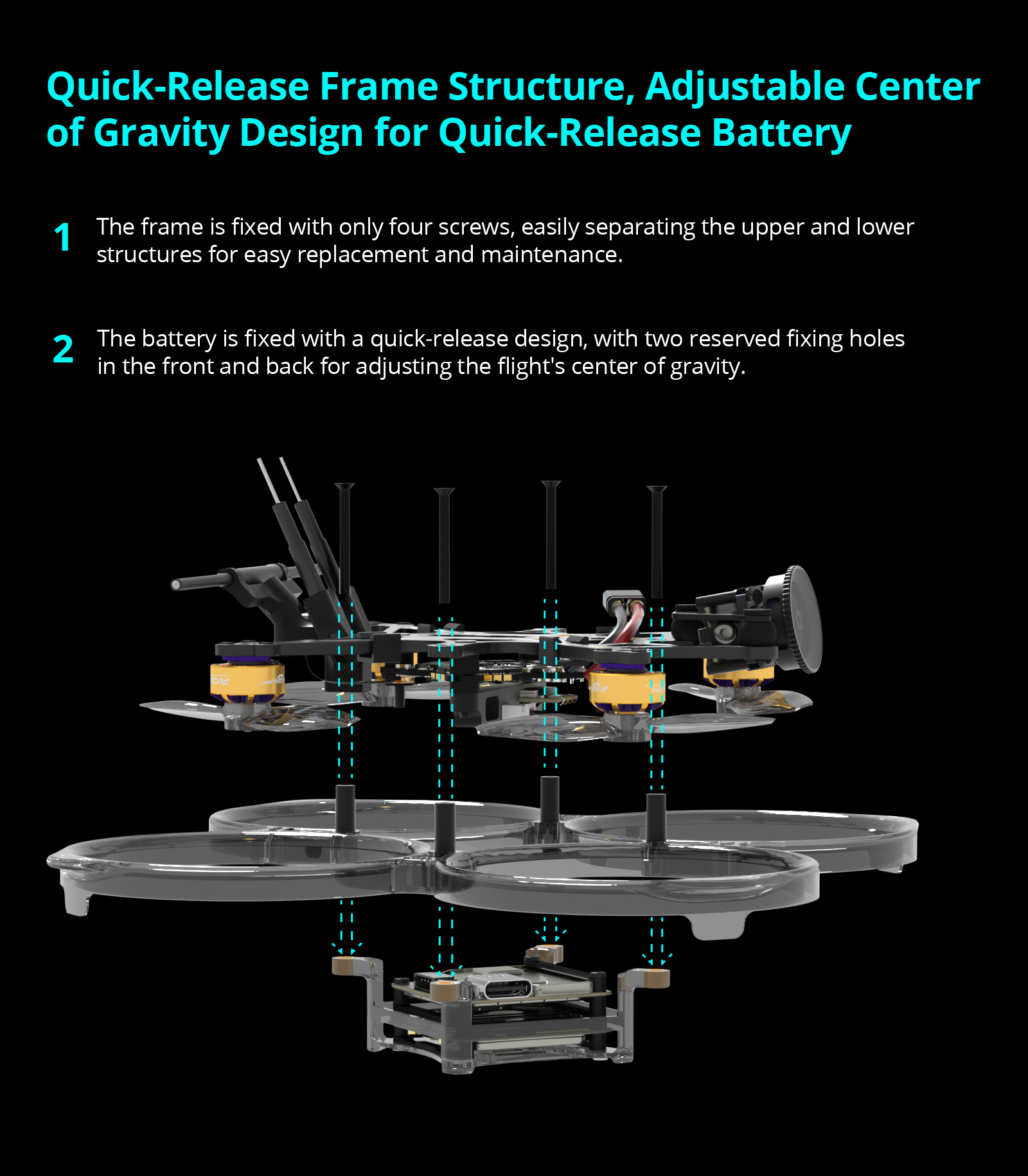 the battery is fixed with a quick-release design; with two reserved fixing holes in the