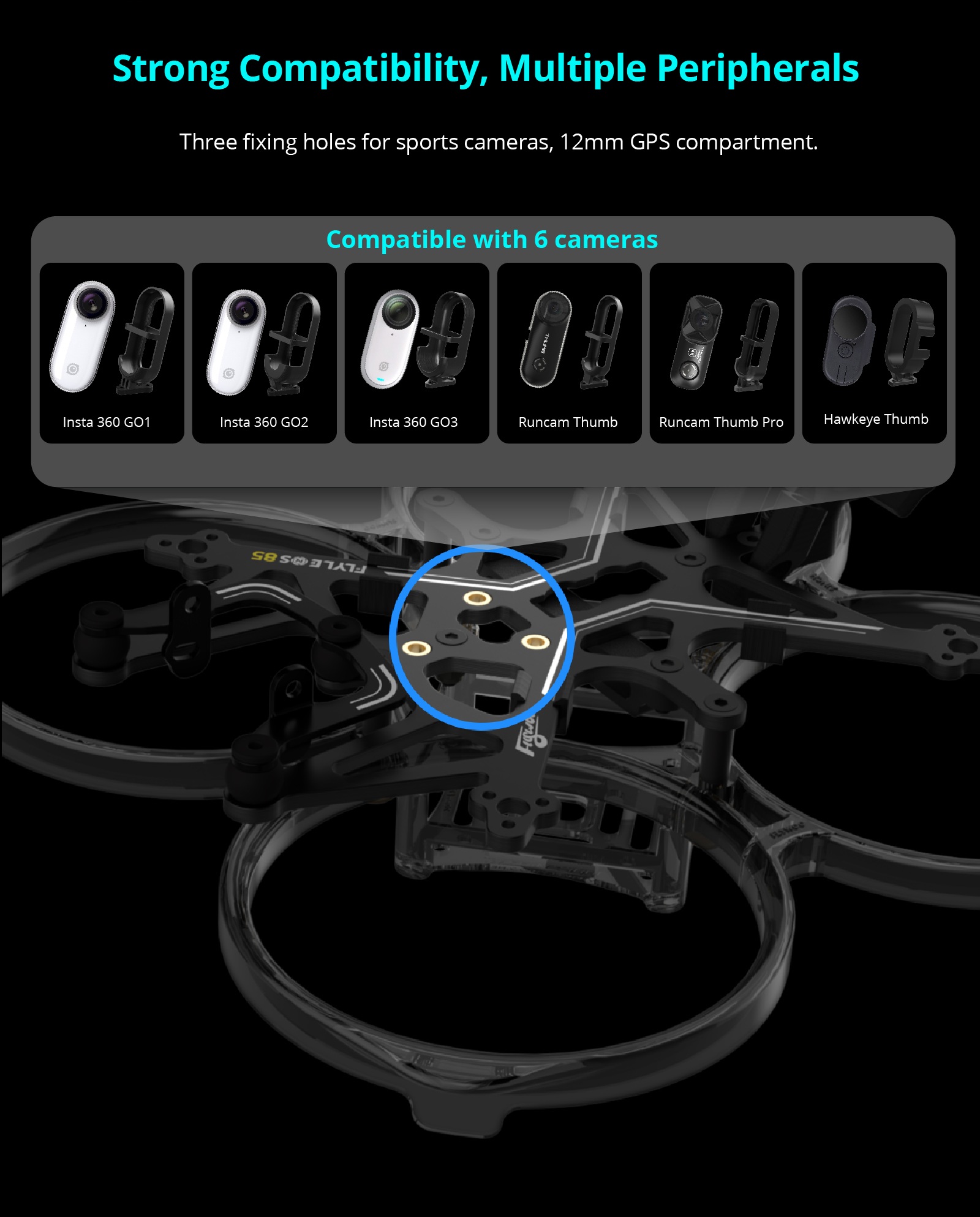 Compatibility, Multiple Peripherals Three fixing holes for sports cameras, 12mm GPS