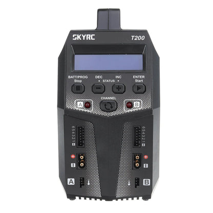 SKYRC T200 Dual AC/DC Battery Balance Charger, SKYRC T200 dual-channel battery balance charger with LCD screen, control buttons, and separate A/B charge ports