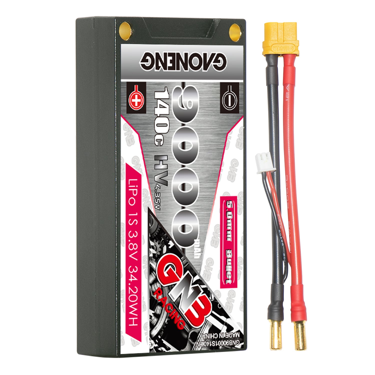 GAONENG GNB 9000mAh 1S 3.8V LiHV 140C hard case LiPo battery with 5mm bullet lead