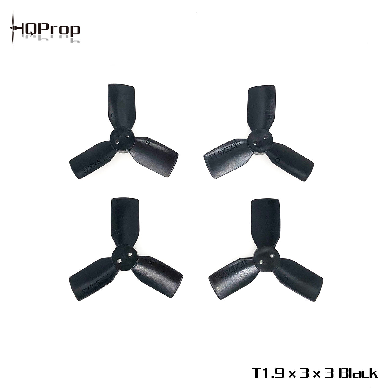 HQProp T1.9x3x3 Black label graphic showing four black 3-blade props, two clockwise and two counterclockwise