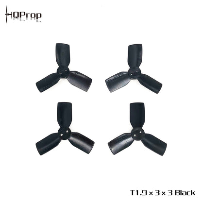 HQProp T1.9x3x3 Black label graphic showing four black 3-blade props, two clockwise and two counterclockwise