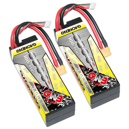 Two GAONENG 3S 6500mAh hard case XT60 LiPo batteries shown side by side