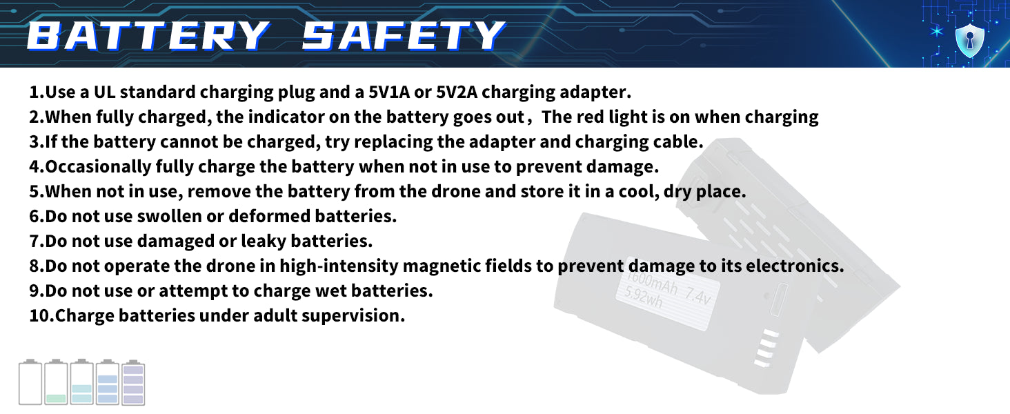 TizzyToy ‎BL01 Drone, battery safety: use a ul standard charging plug and a