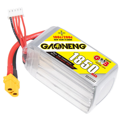 Angled view of GAONENG GNB 1850mAh 4S graphene LiPo battery, label side with XT60 connector and balance plug