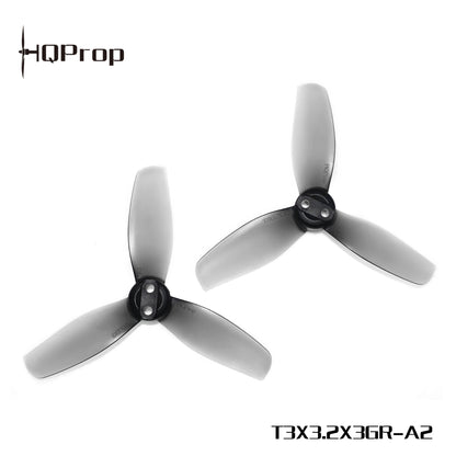 Gray tri-blade propellers with HQProp branding and model text T3X3.2X3GR-A2 on white background