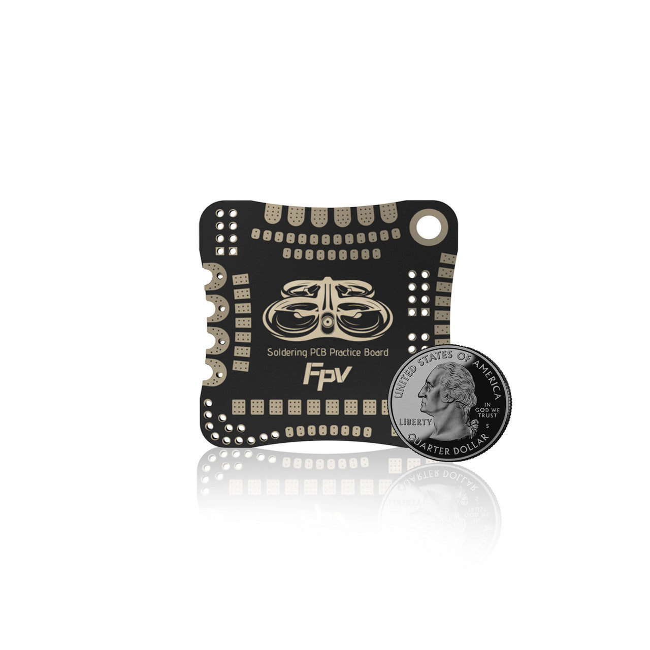 FPV soldering PCB practice board with multiple solder pads and a mounting hole, shown next to a US quarter