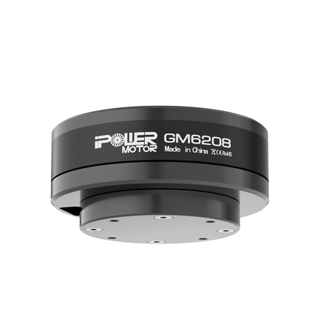 iFlight GM6208-150T Brushless Gimbal Motor, GM6208 brushless gimbal motor with black cylindrical housing and mounting plate, labeled iPower Motor