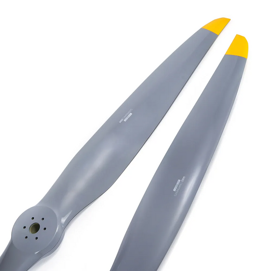 MAD FLUXER PRO carbon fiber paramotor propeller blades with yellow tips and multi-bolt mounting hub