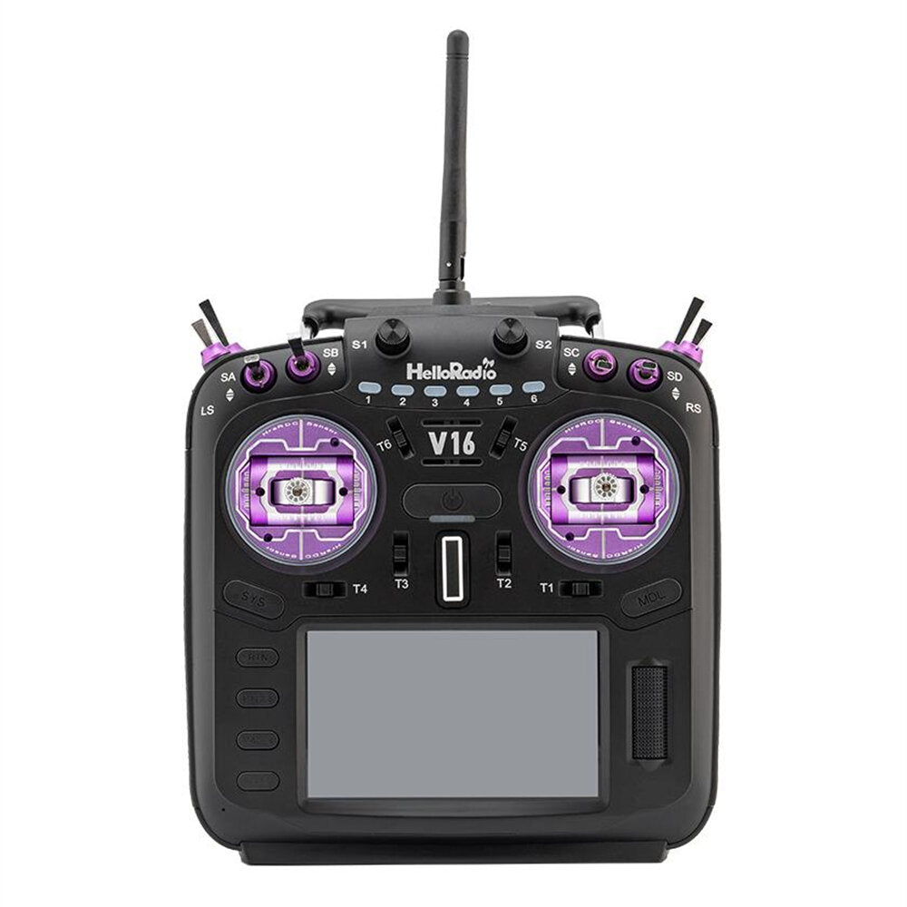Front view of HelloRadio V16 transmitter with purple CNC gimbal sticks and dual joysticks