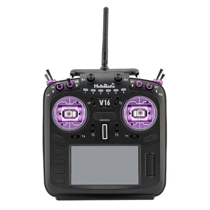 Front view of HelloRadio V16 transmitter with purple CNC gimbal sticks and dual joysticks