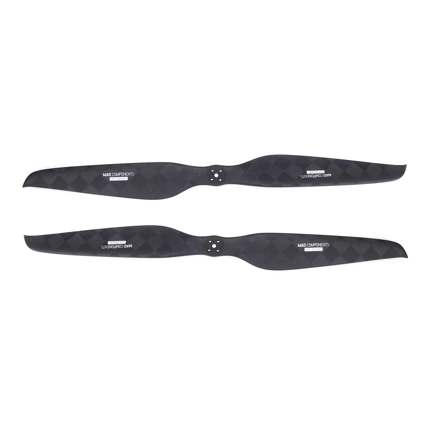 Pair of MAD Components carbon fiber drone propeller blades with center mounting holes and black weave finish