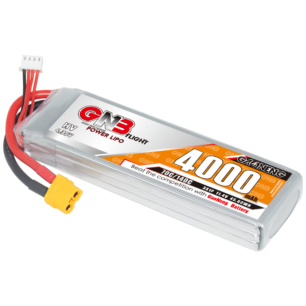 Angled close view of GNB Power LiPo Flight 4000mAh pack label with XT60 plug and balance connector