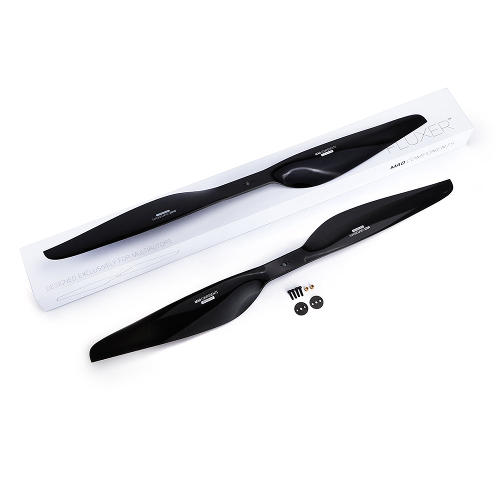 MAD FLUXER Pro Shine glossy carbon fiber drone propeller kit with two black blades, hub adapters, and screws