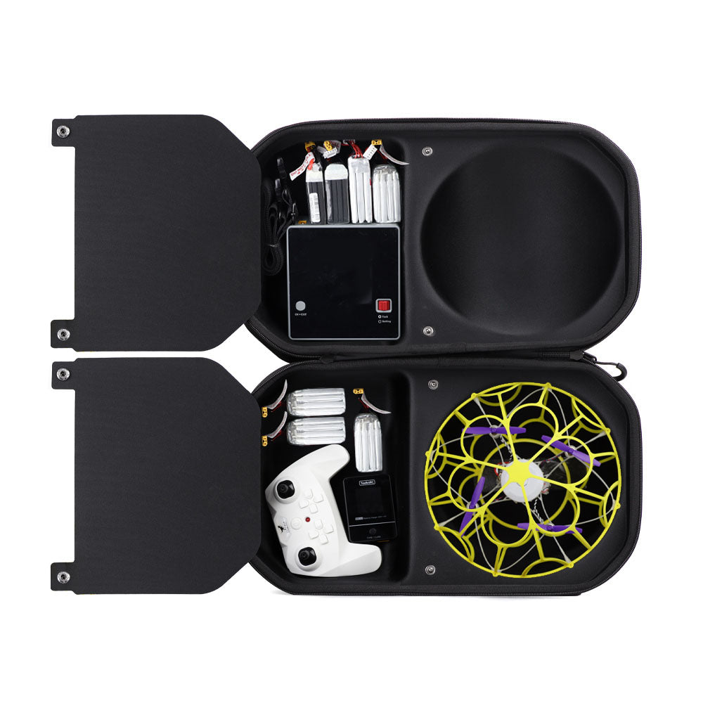 Open carry case layout with drone, controller, batteries and charger compartments shown