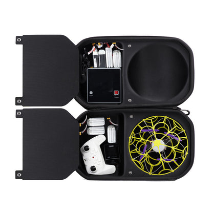 Open carry case layout with drone, controller, batteries and charger compartments shown