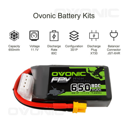 Ovonic 650mAh 11.1V 3S1P 80C battery kit specs graphic showing XT30 discharge plug and JST-XHR balancer