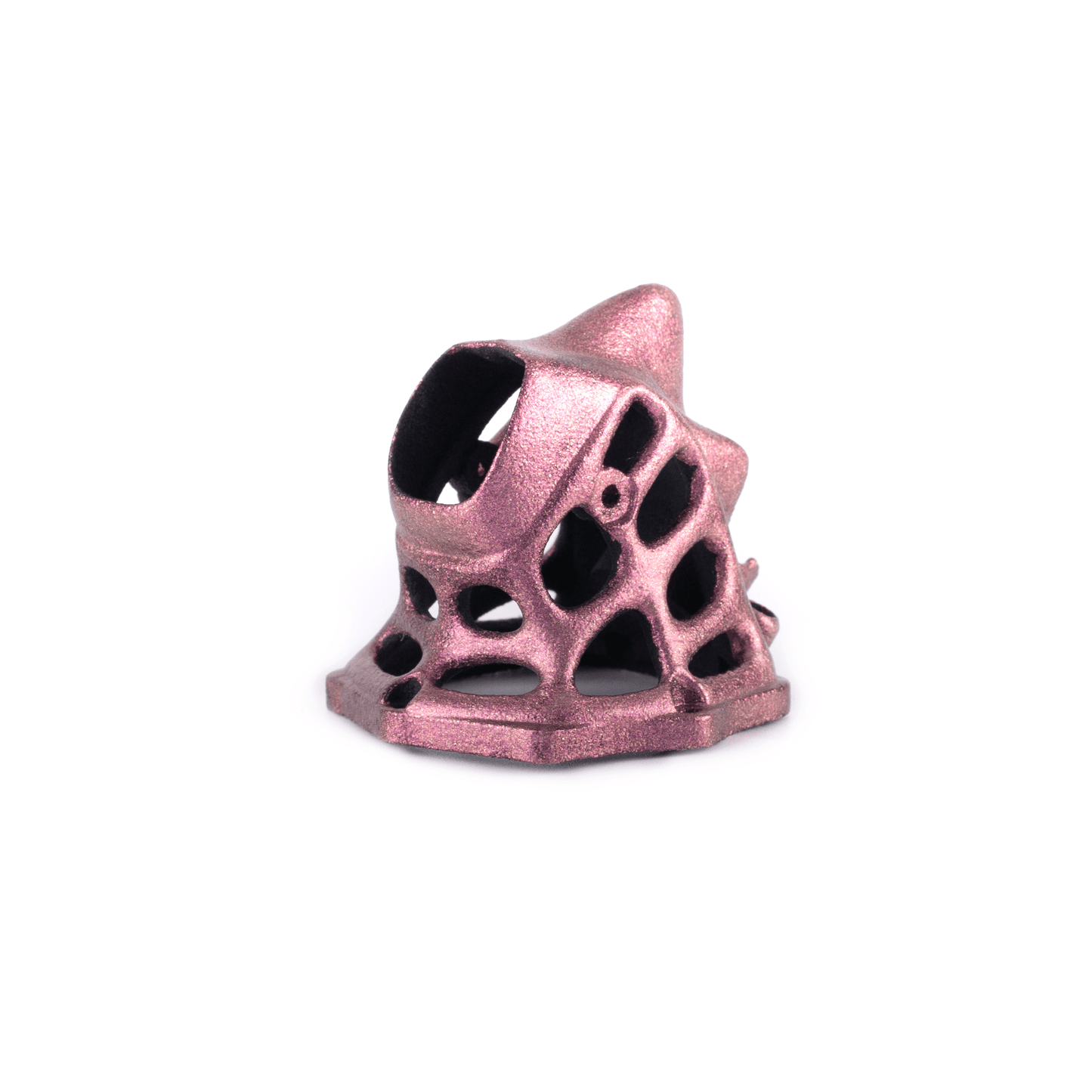 Dino FPV drone camera canopy in metallic rose color, lattice side vents and base mounting holes