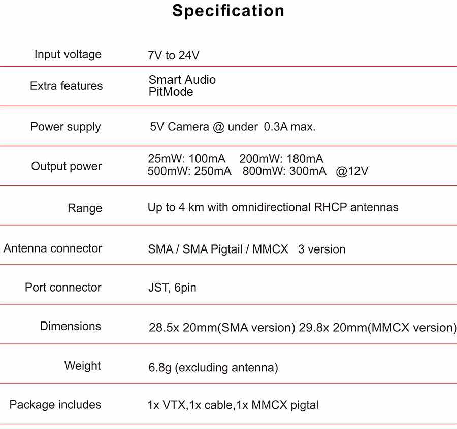 AKK X2 FPV VTX, Specification Input voltage 7V to 24V Smart Audio Extra features PitMode Power supply