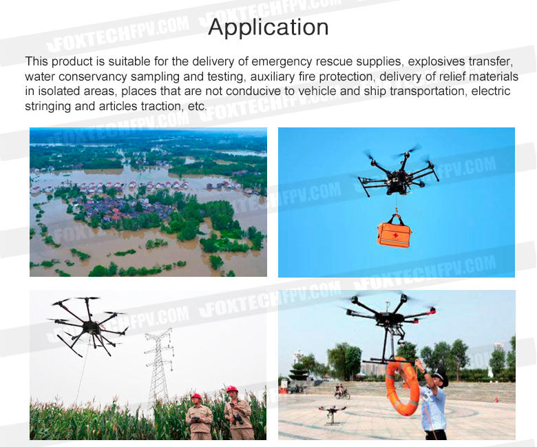 F10 Industrial Drone Winch with 5KG Payload Hook 11 Helicopter's versatile uses: emergency response, sample collection, firefighting, transportation of supplies and equipment.