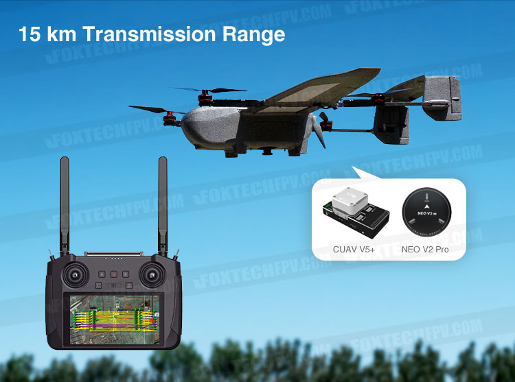 Foxtech Loong 170 VTOL, Long-range wireless transmission with 15km range and advanced CUAV technology for smooth remote control.