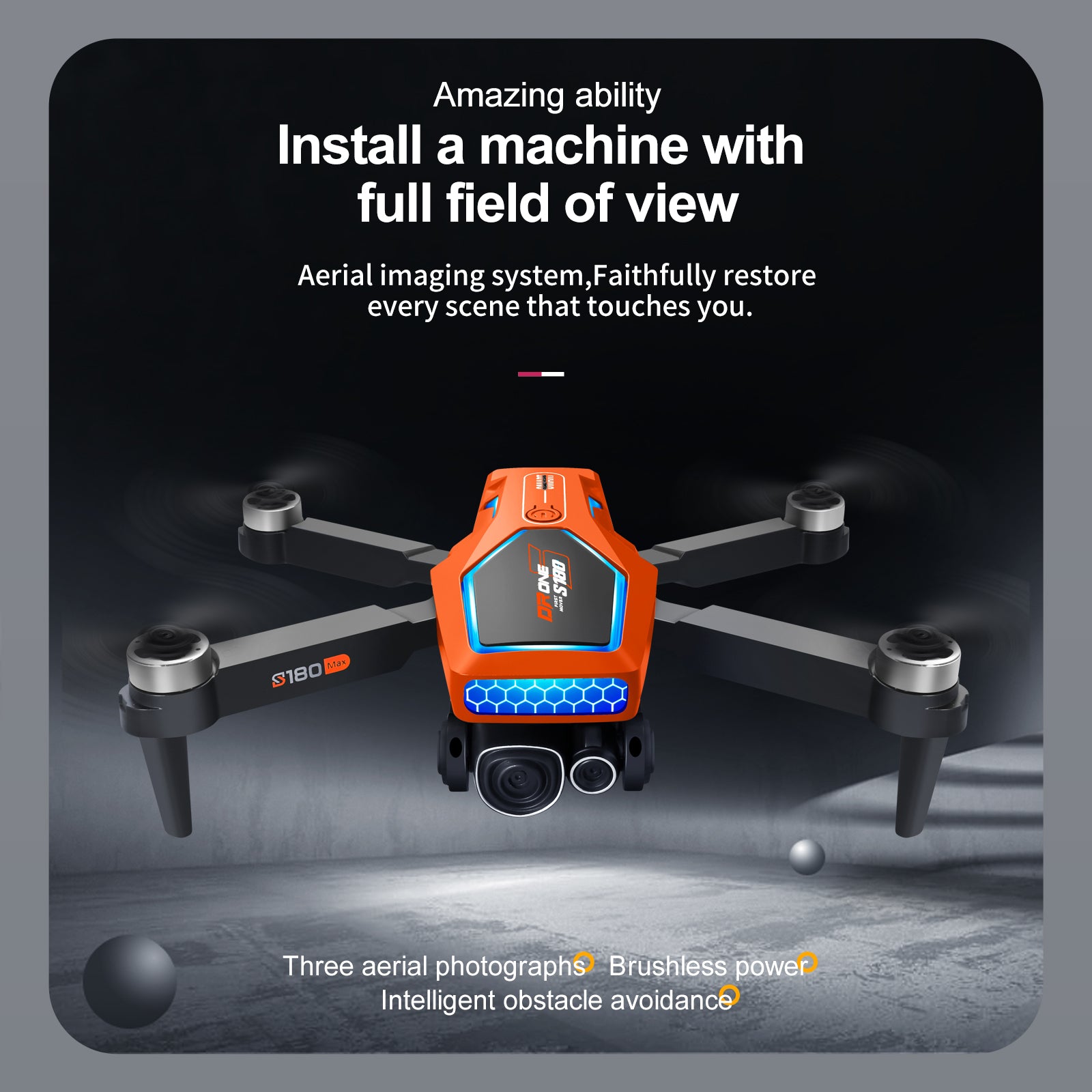 S180 Drone, Capture life's moments with ease using this drone with wide view, 3-in-1 photography, and smart obstacle avoidance.