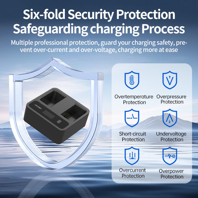 Six-fold safety protection and dual slots with 0.96" display ensure safe charging for DJI WB37 batteries.