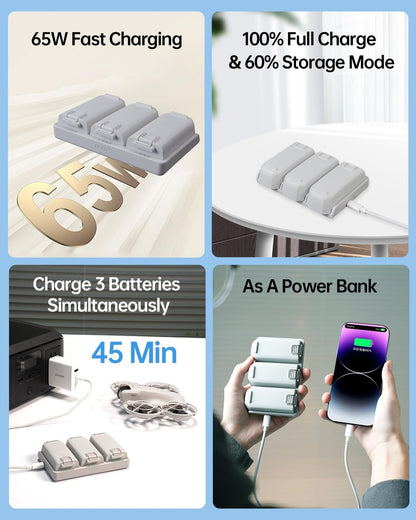 65W fast charging, 3 batteries in 45 minutes, 100%/60% modes, power bank function.