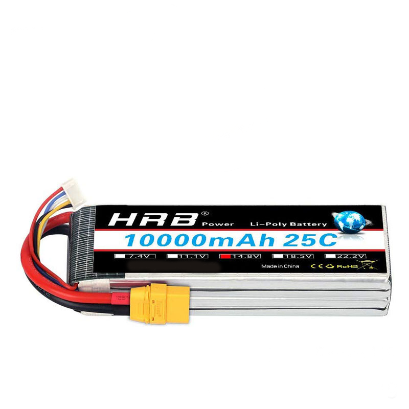 HRB 4S 14.8V 10000mAh 25C LiPo Battery pack with XT90 plug and balance lead, silver hard case