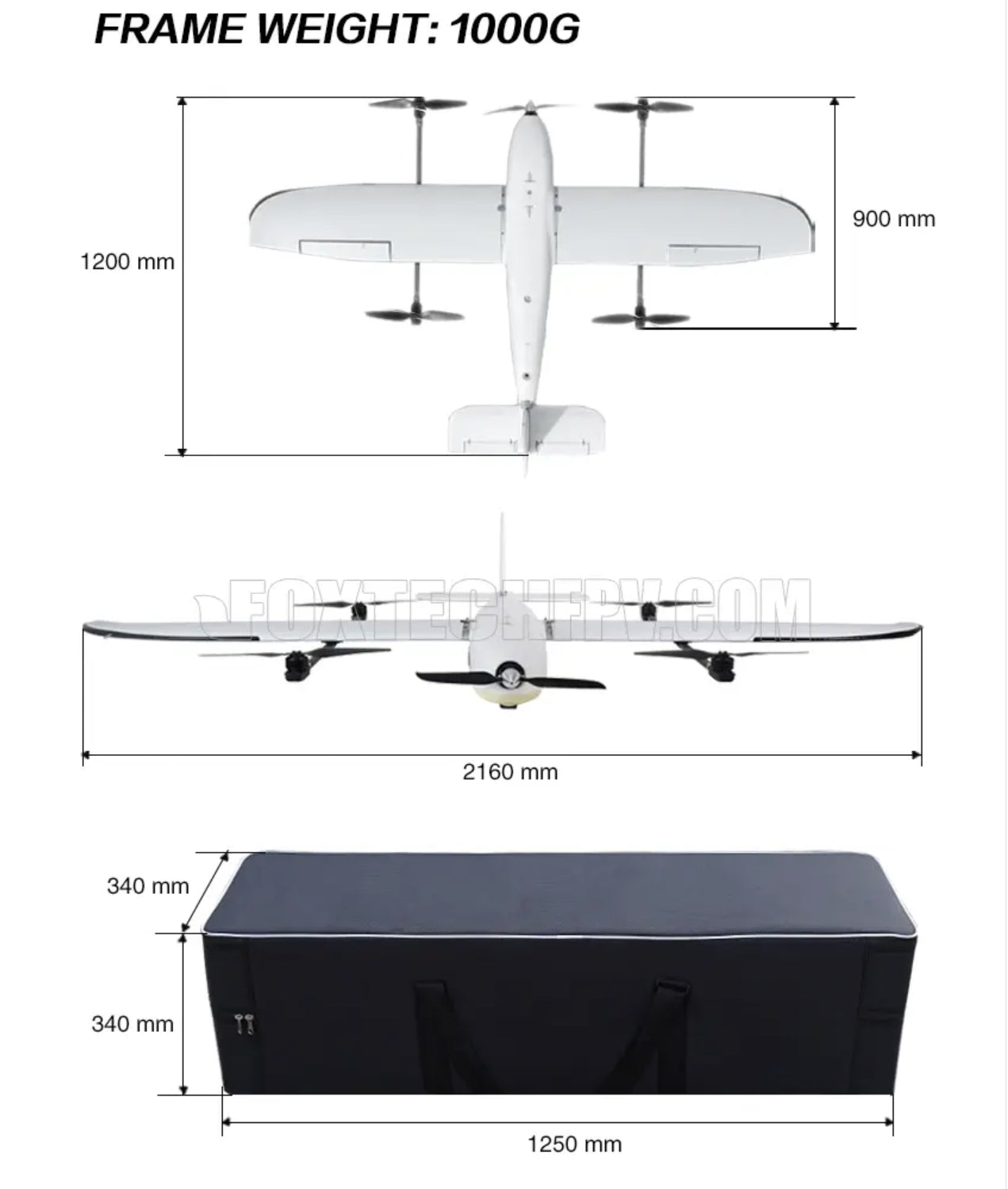 Foxtech Loong 2160 VTOL Airplane, Loong 2160 VTOL specifications: wingspan, fuselage length, materials, frame weight, and empty weight.