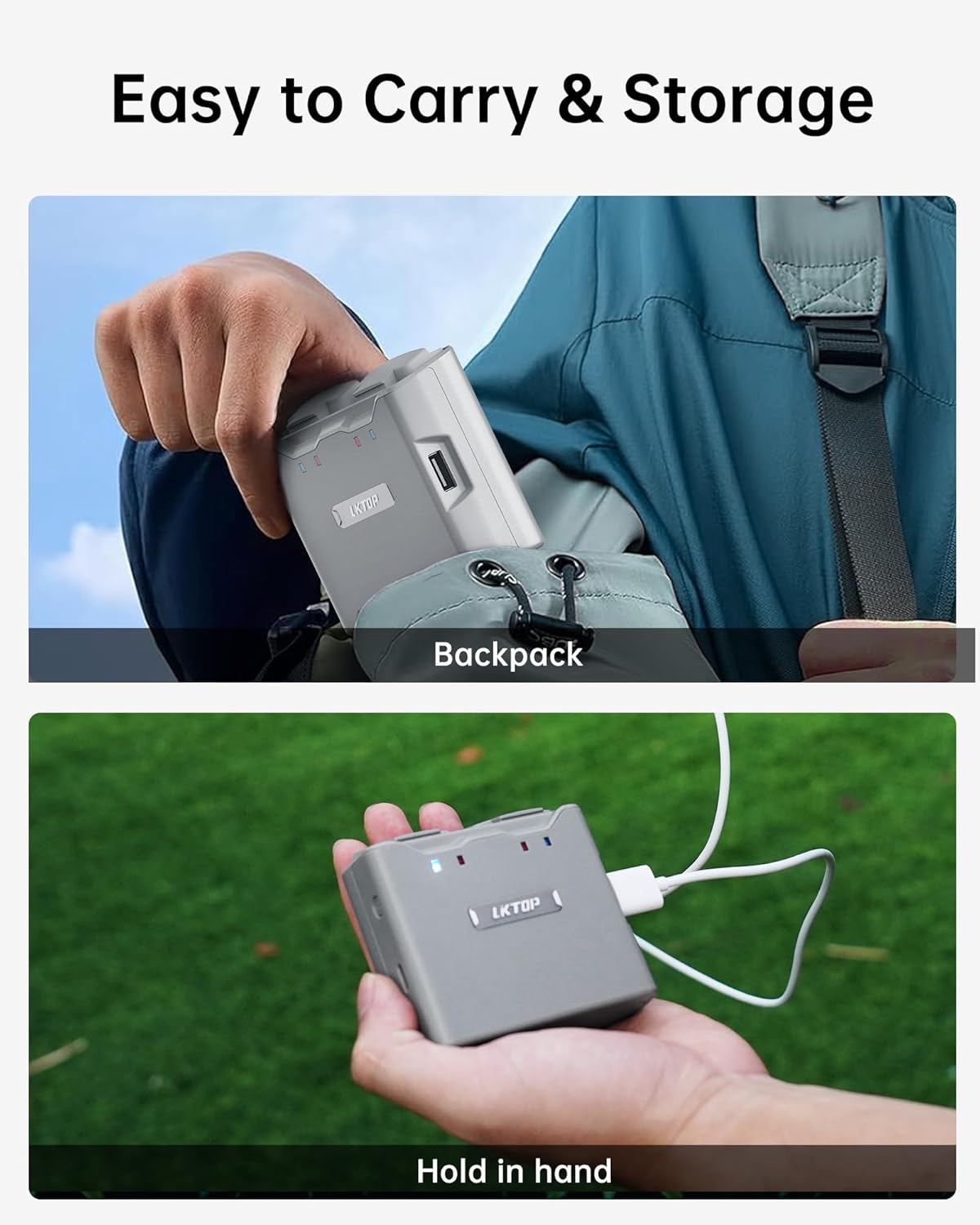 Compact LKTOP charger offers portable dual-battery charging and USB power bank for DJI Mini drones.