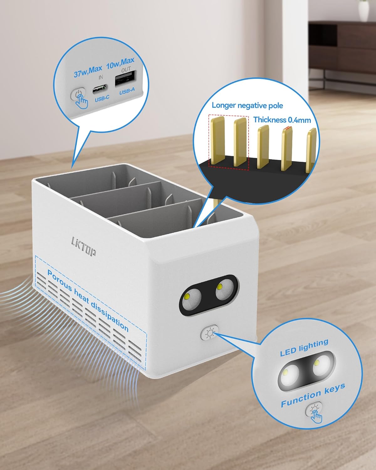 LKTOP 37W charger hub features USB-C input, USB-A output, LED lighting, heat dissipation, and function keys.
