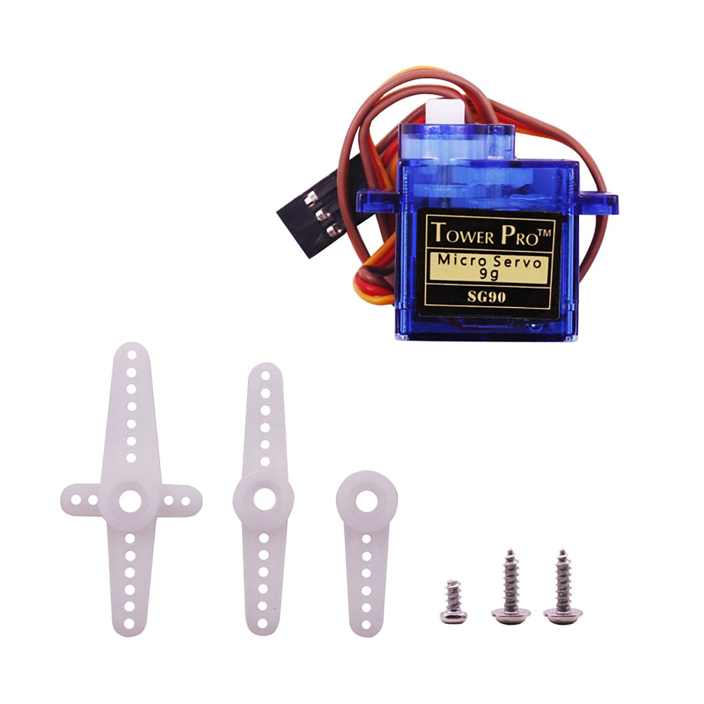 Tower Pro SG90 9g micro servo with 3-wire connector, three servo horns, and mounting screws