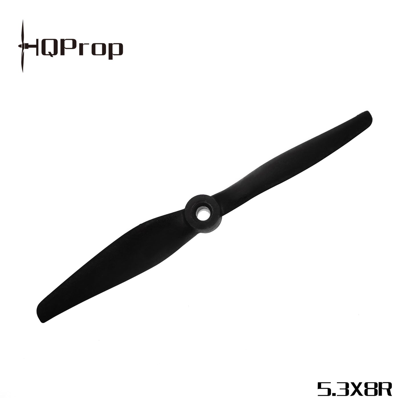 HQProp propeller labeled 5.3x8R, black two-blade pusher prop on white background