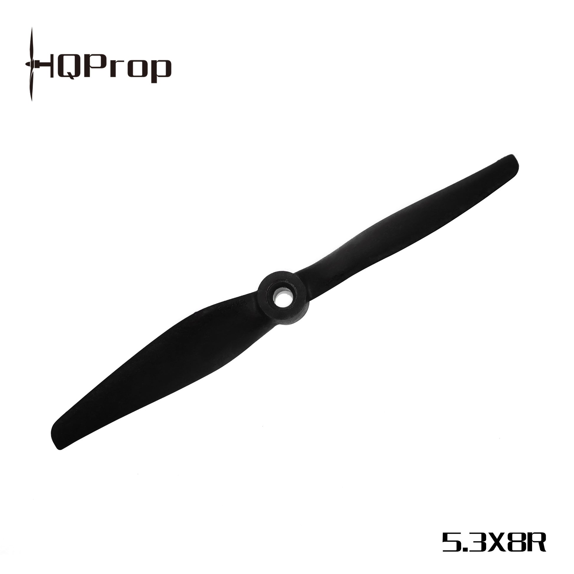 HQProp propeller labeled 5.3x8R, black two-blade pusher prop on white background
