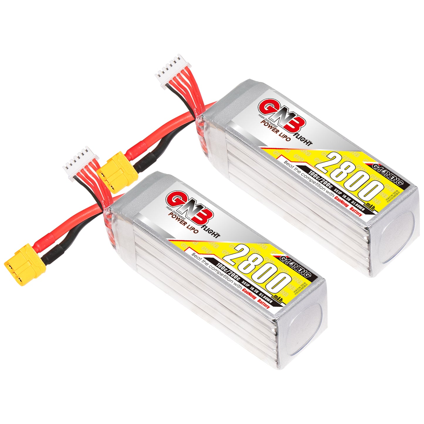 Pair of GAONENG GNB 5S 2800mAh 100C XT60 LiPo batteries shown together at an angled front view