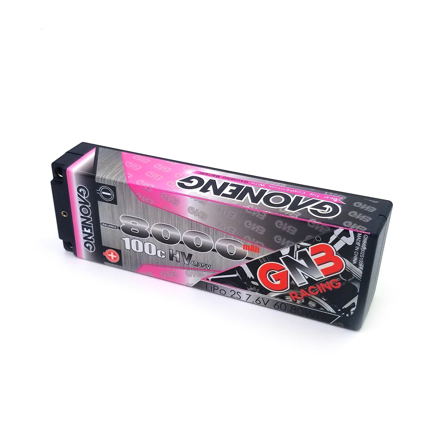 GNB Racing 8000mAh 100C LiHV hard case battery, angled horizontal view showing label side