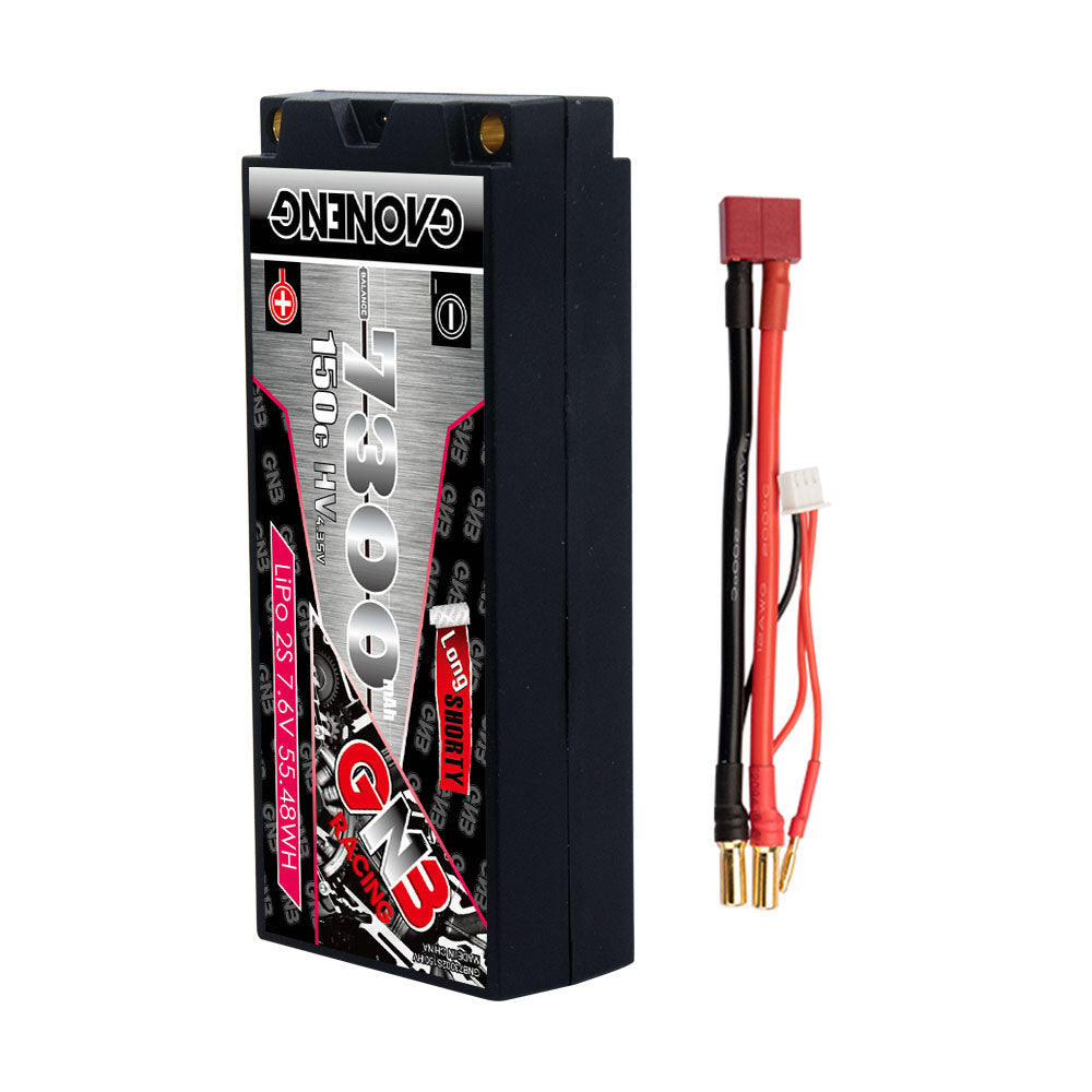 GNB 2S 7300mAh 150C hardcase LiHV LiPo battery shown with red T-plug style connector lead
