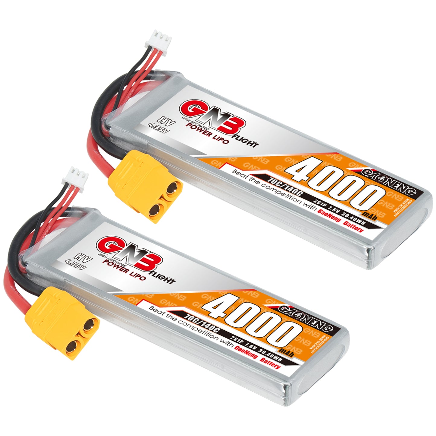 Two GAONENG GNB 2S 7.6V 4000mAh 70C LiHV LiPo batteries shown together