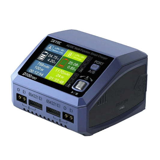 SkyRC D100neo Dual Channel Smart Charger, SkyRC D100neo dual channel smart battery charger with color display and two front output ports
